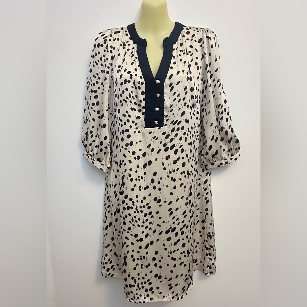 Joy Joy Silky Spotted Cream and Navy Tunic Mini Dress